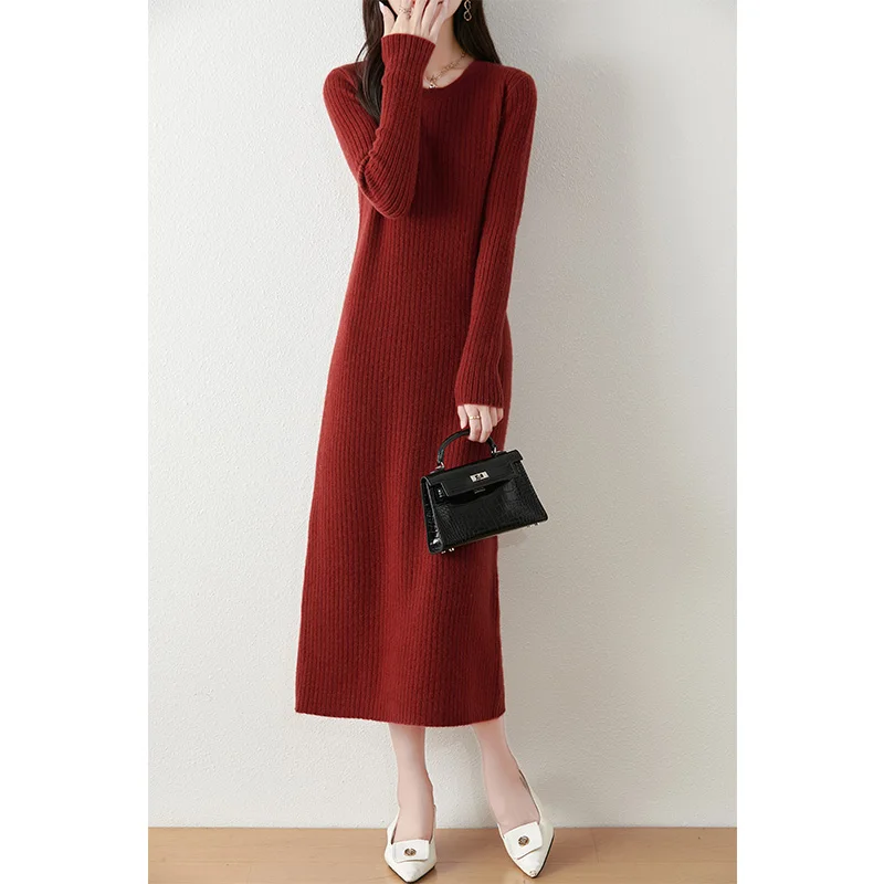 Women Dress 100% Wool Knitted Jumpers 2024 New Fashion Winter O-neck Loose Dresses Female Mid-calf Pullovers
