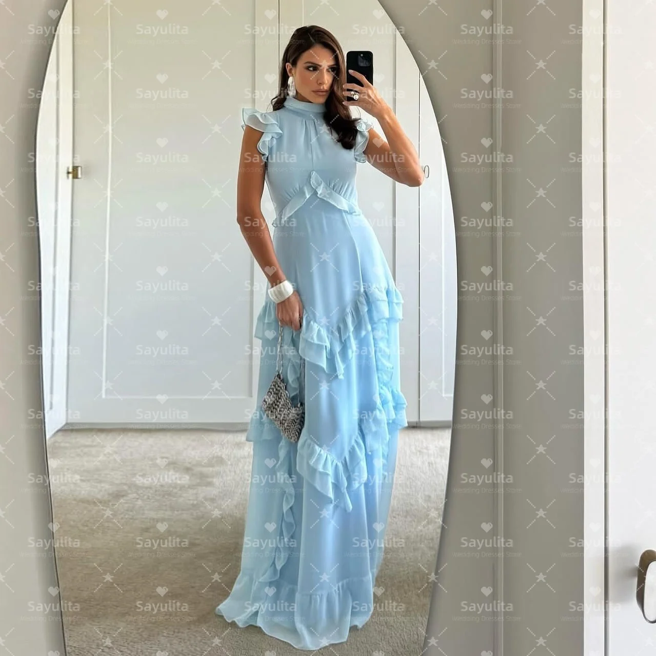 

Sayulita платья для выпускного вечера с высоким воротником, женская одежда в Саудовской Аравии, длинное многоярусное вечернее платье на молнии сзади, Vestidos De Noches по индивидуальному заказу