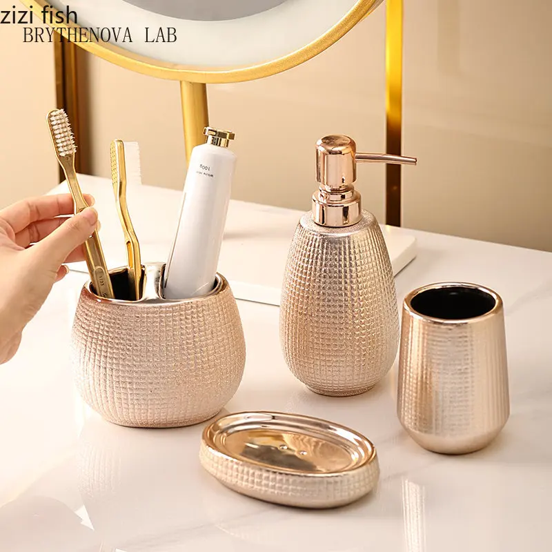 Rose Gold Ceramic Lotion Bottle Mouthwash Cup Toothbrush Holder Bathroom Home Accessories Set Shampoo Body Wash Bottle Soap Dish