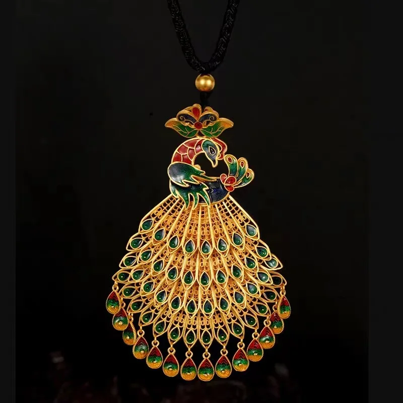 Pure gold 24K gold enamel painted ancient peacock open tail pendant necklace AU750 hollow pendant for women