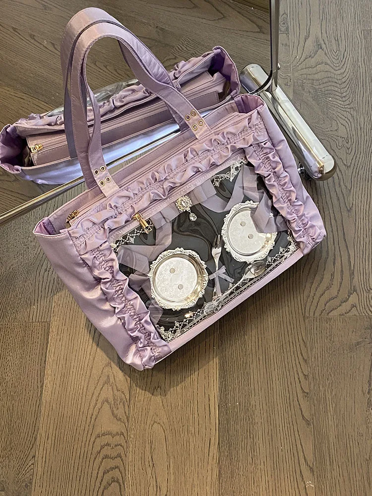 

Original Design Large Capacity Purple Satin Ribbon Tote Bag with Pleats Single Shoulder Bag for Women Soft Handbag