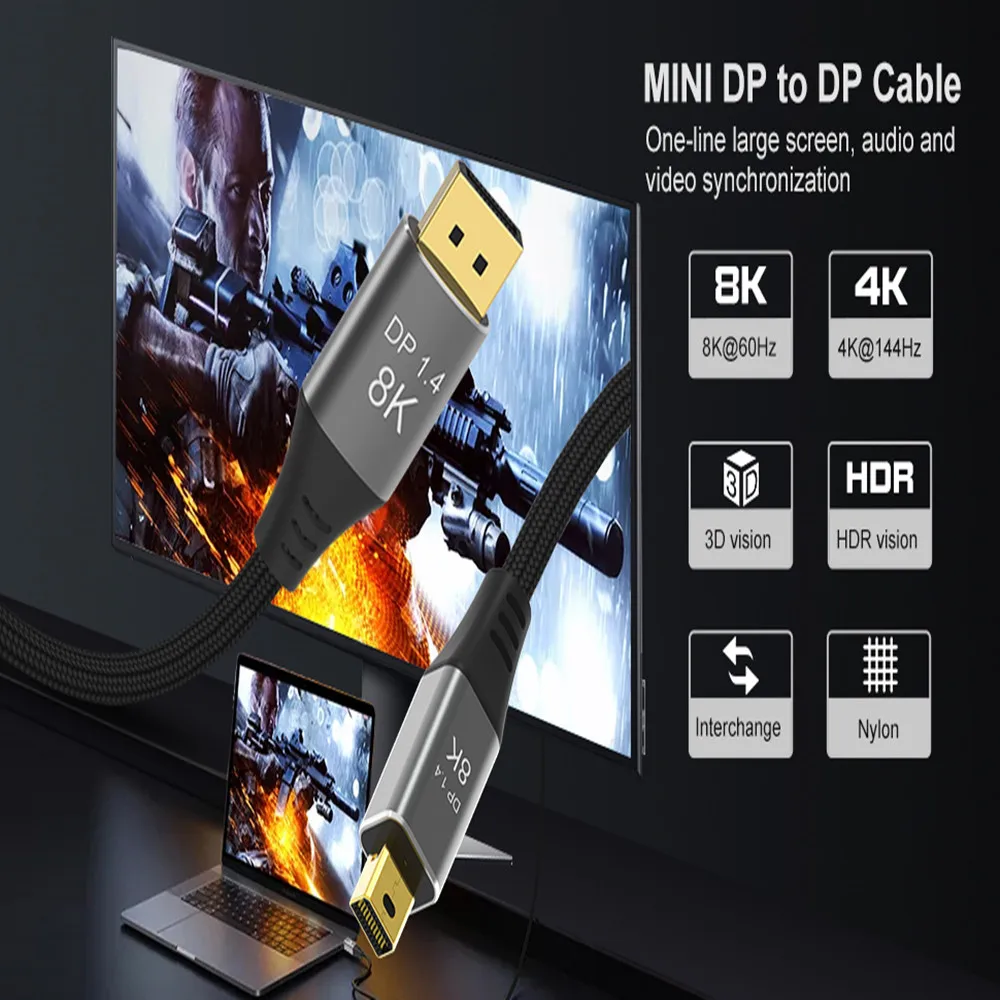 Mini DP to DisplayPort 8K Cable DP1.4 Bi-Directional Transmission DP to Mini DisplayPort Cable 8K@60Hz 4K@144Hz for MacBook Air