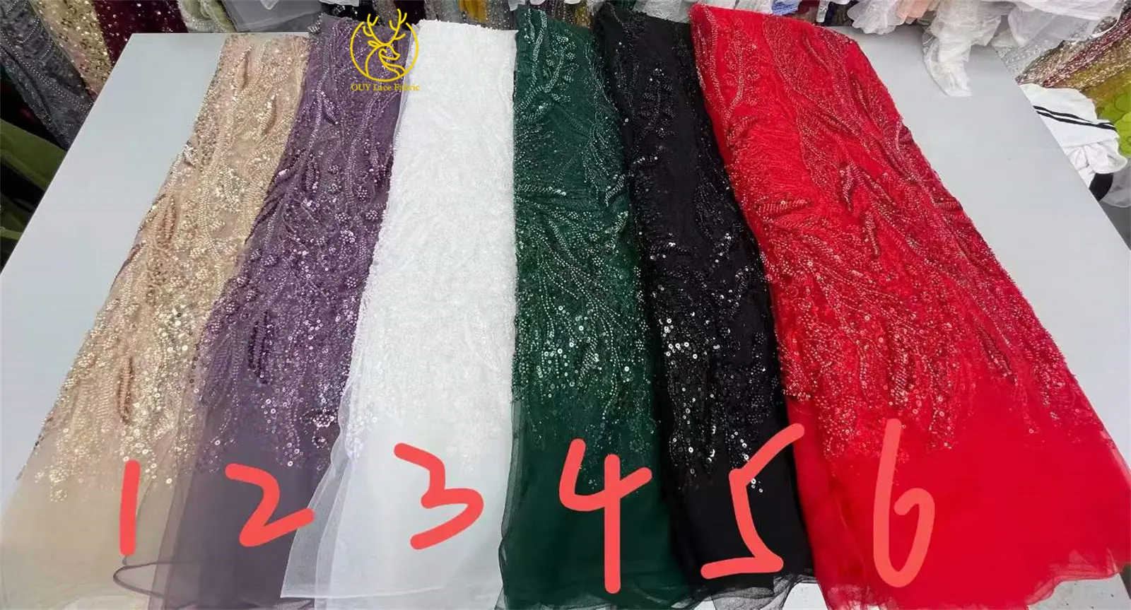Grüner luxuriöser afrikanischer Stickerei-Pailletten-Spitzenstoff, 5 Yards, französischer Perlen-Tüll-Spitzenstoff, nigerianischer Stoff für Hochzeitskleider zum Nähen – Detail 3