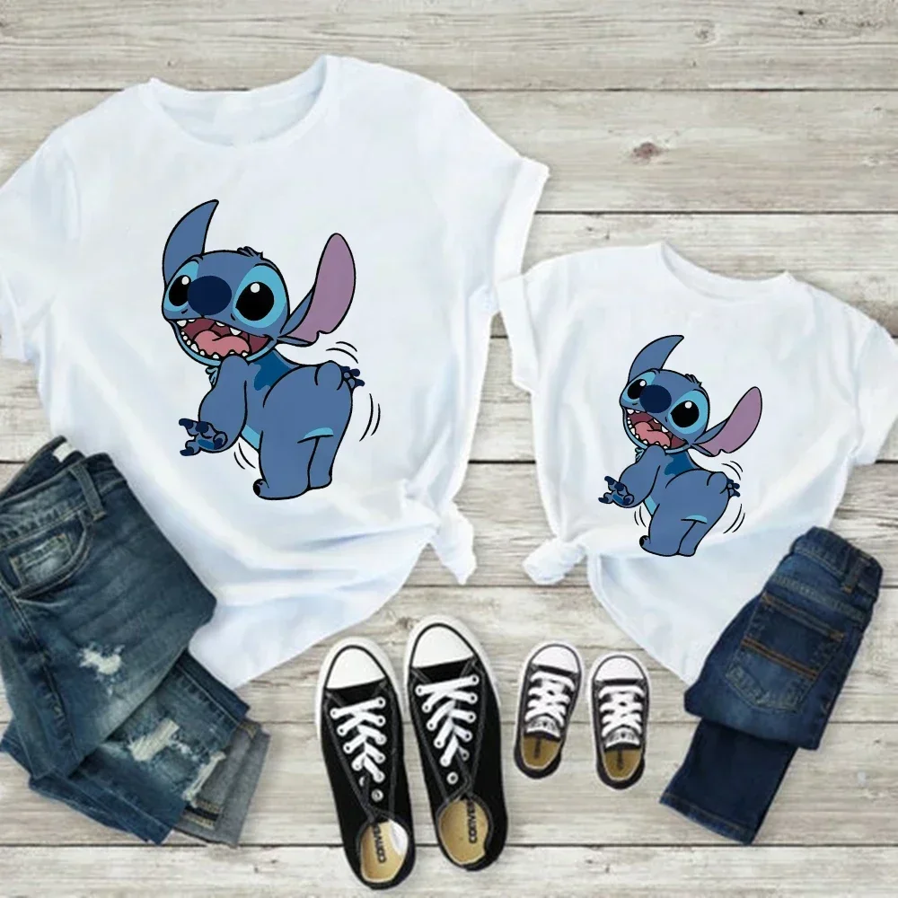 Disney T Shirt Childern Summer Sweet Style Soft Girl Aesthetic Family Matching Cute Stitch Print Clothes Mom and Daughter Equal