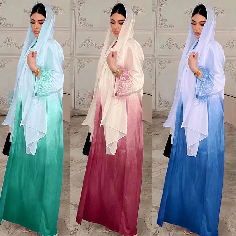 Two Piece Gradient Abaya Set with Inner Dress Fashion Dubai Robe Feather Decor for Women with Hijab Kimono for Ramadan Eid