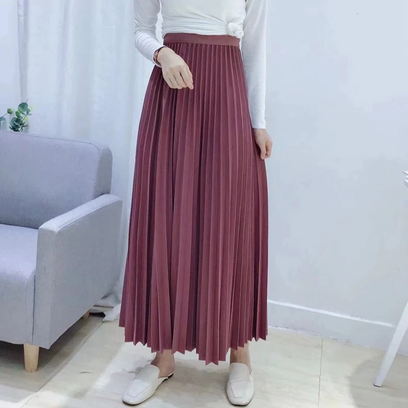 Shiny Silk Pleated Long Skirt Women Elastic High Waist Slim Solid A-Line Ladies Fashion All-Match Party Skirts Black White Gray