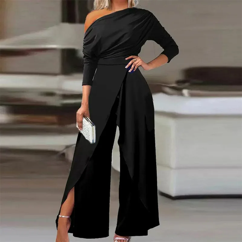 Casual Off Shoulder Jumpsuits Women Spring Autumn Irregular Ruched Wide Leg One Pieces Sets Office Ladies Elegant Party Romper