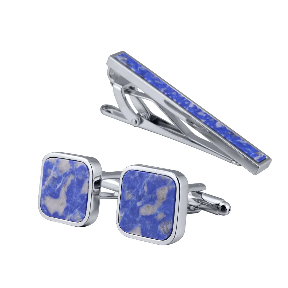 Natural Lapis Lazuli Cufflinks, Tie Clip Cufflinks Blue and White Marble Textured Cufflinks for Men's Business Dress Shirts