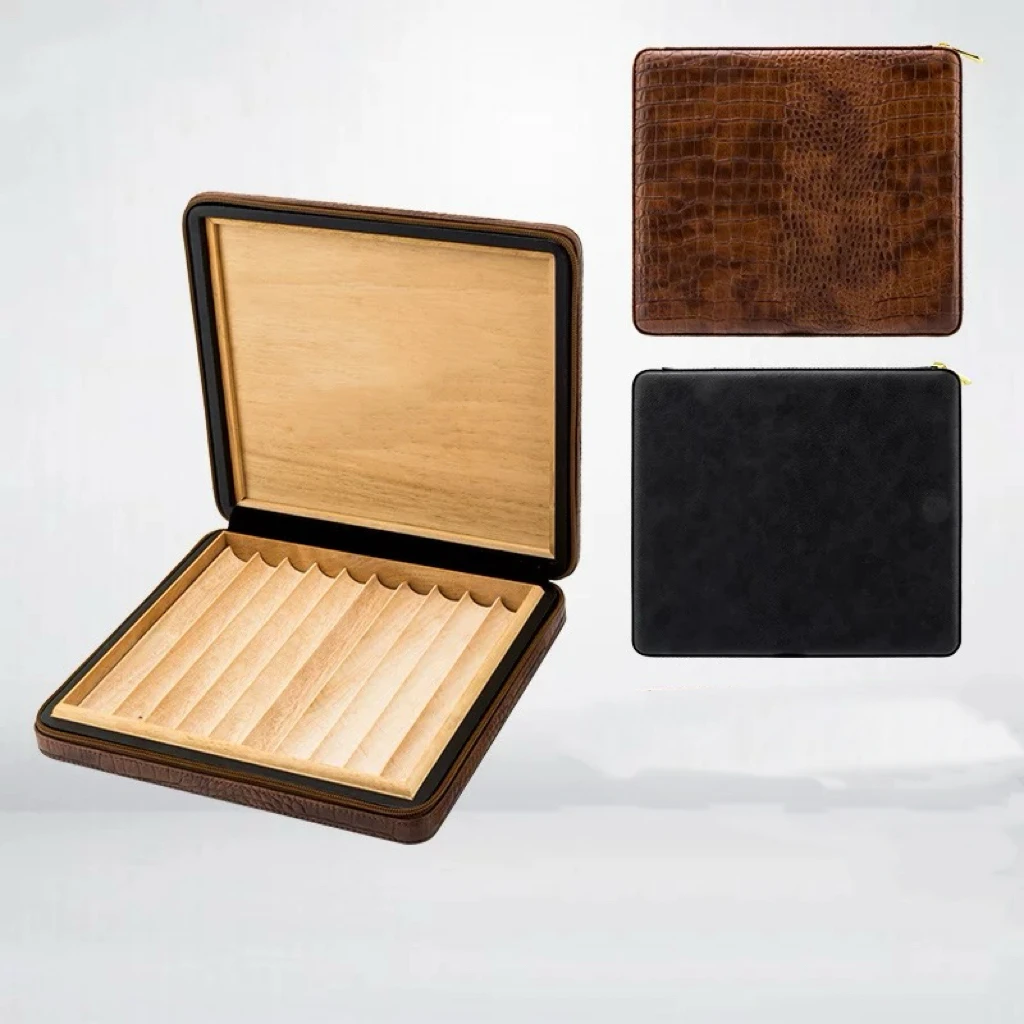 Leather Portable 10 Pack Cigar Box, Zipper Style Cedar Wood Moisturizing Cigar Box, Gift Box Packaging.