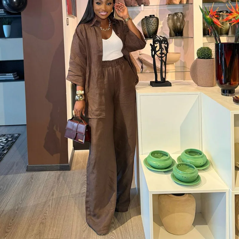 African Fashion Two Piece Set Women Pants set Fashion Brwon Color Single Breasted Loose Shirt And Pants Set Outfits