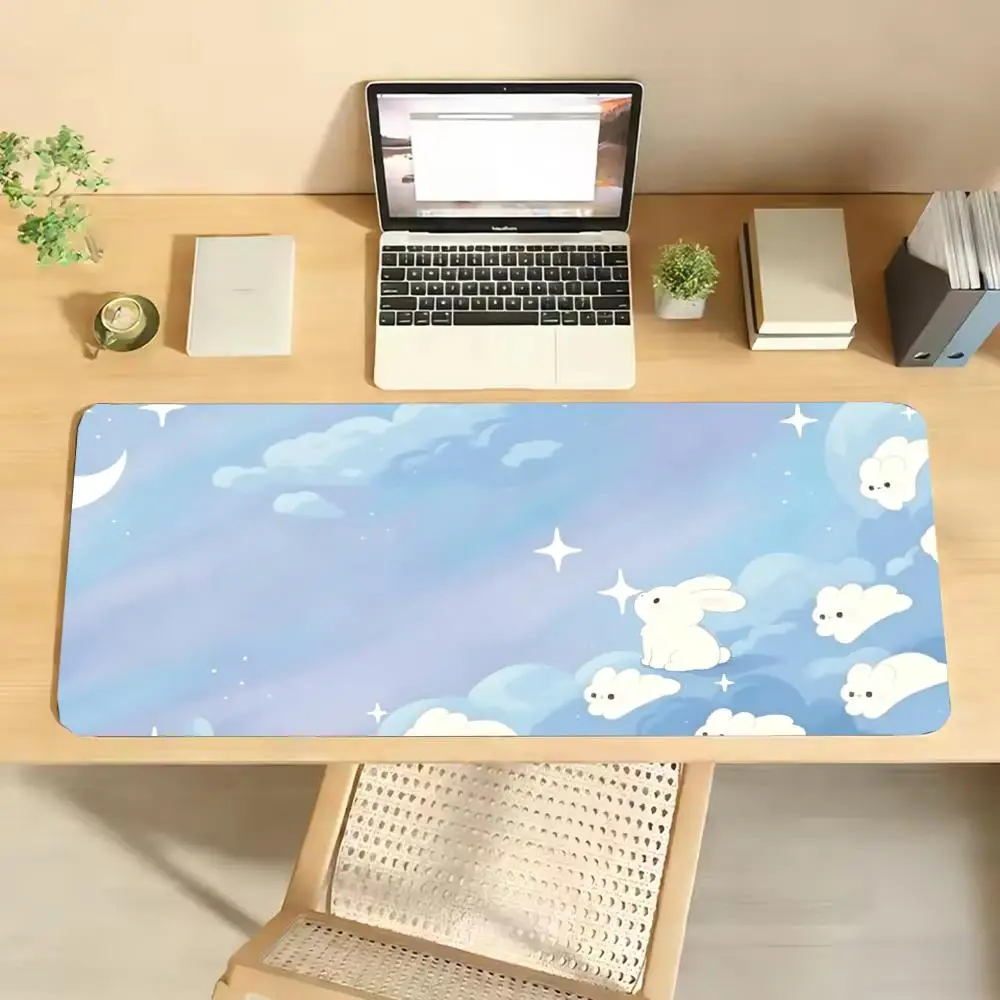 Soft Sky Cloud Little Bunny Art Print Big Size Desk Pad Anti Slip Extended Keyboard Mat Desktop Decor for Study Work