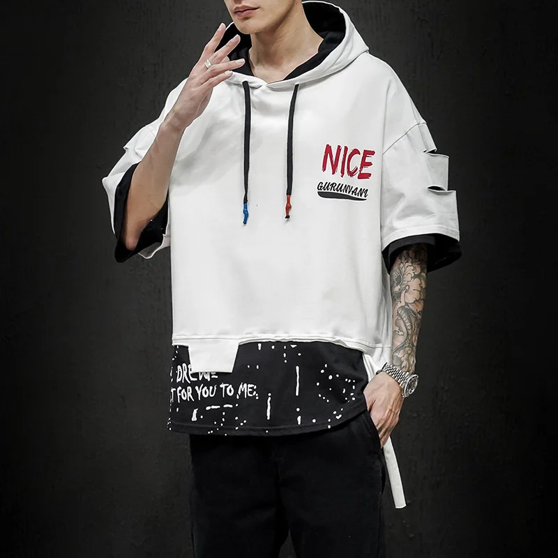 Men Fashion Ribben Hoodie Summer Half Sleeve Hoodies Men's Hoodies Tshirt Color Splice Hooded Tshirt Hip Hop Street Sweatshirt