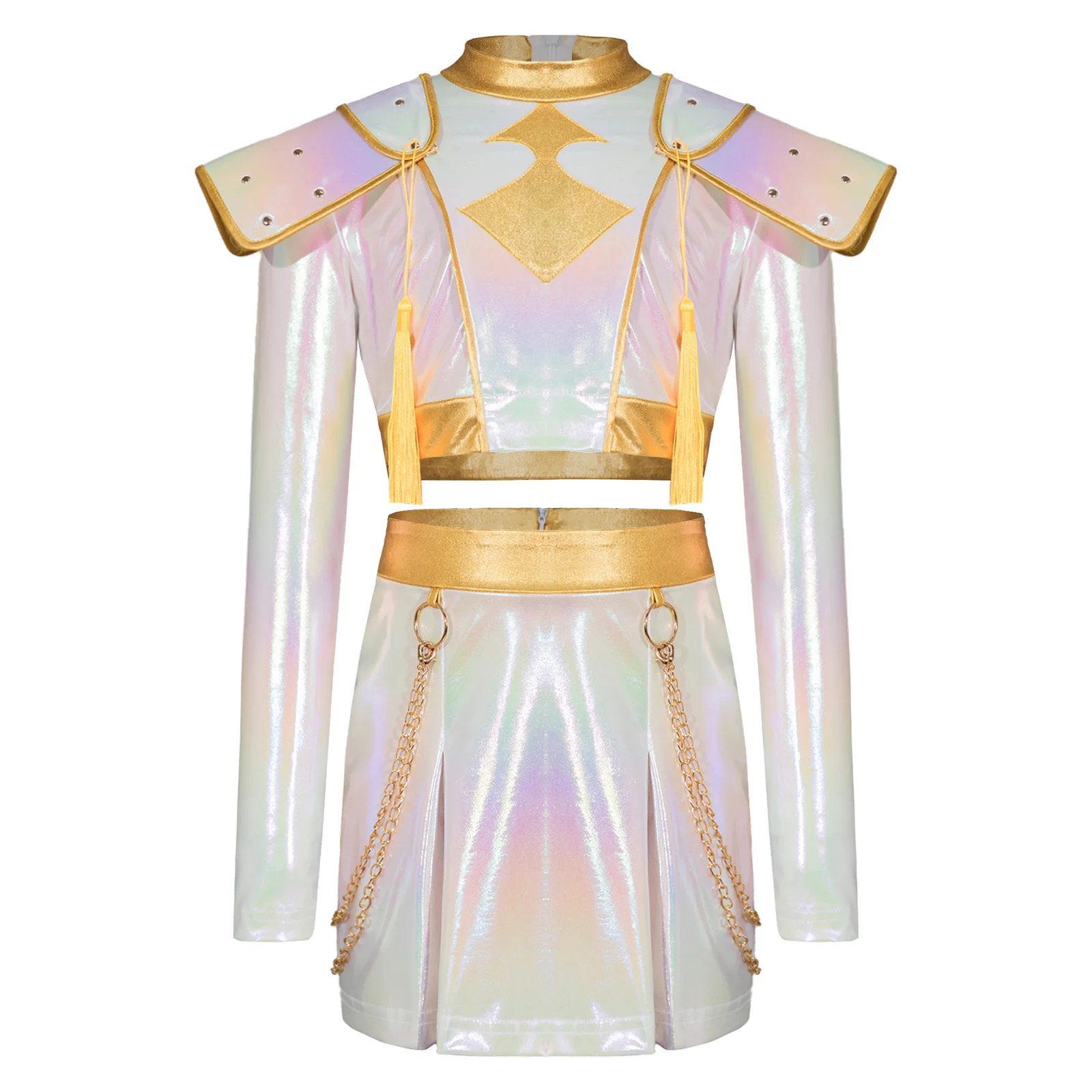 Vestito cosplay per personaggi anime per ragazze, lucentezza iridescente, collo finto, manica lunga, retro, top corto invisibile e gonna con catene in vita