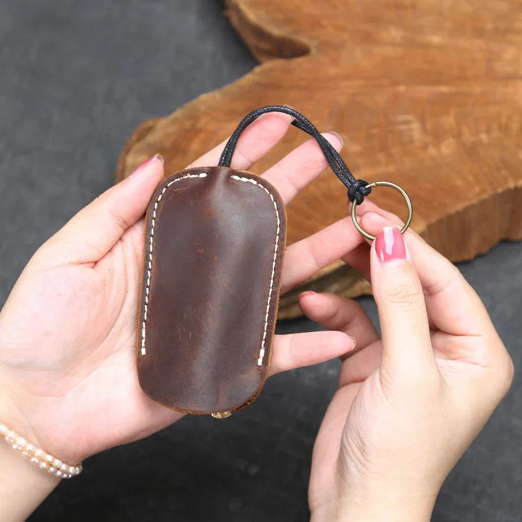 Genuine Leather Elastic Key Holder Retro Cow Leather Pouch Retractable Keychain Holder Case Bag