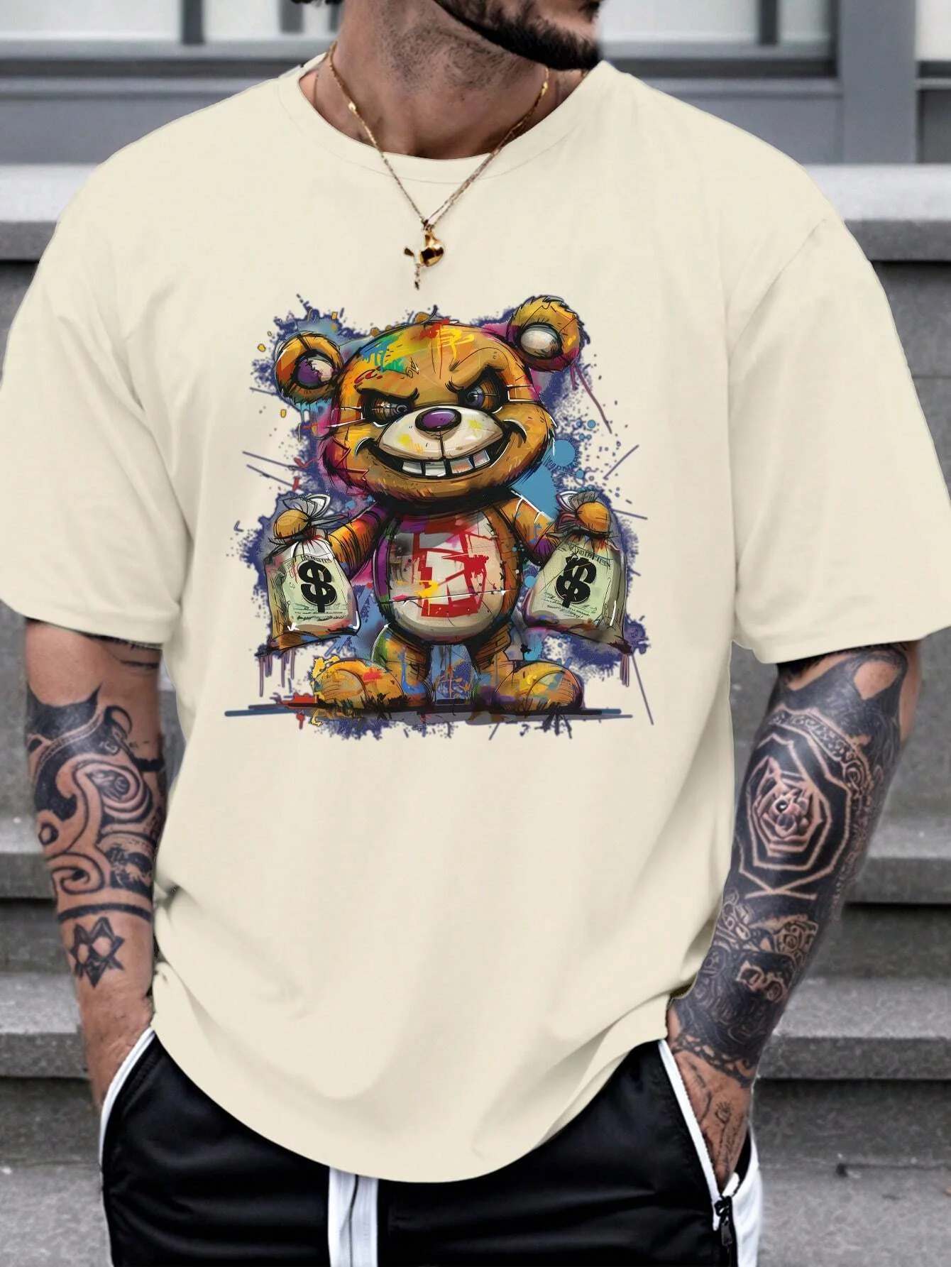 Men\'s 100% cotton summer loose size Cartoon Bear Pattern printed slim fit casual sports round neck short sleeved T-shirt top