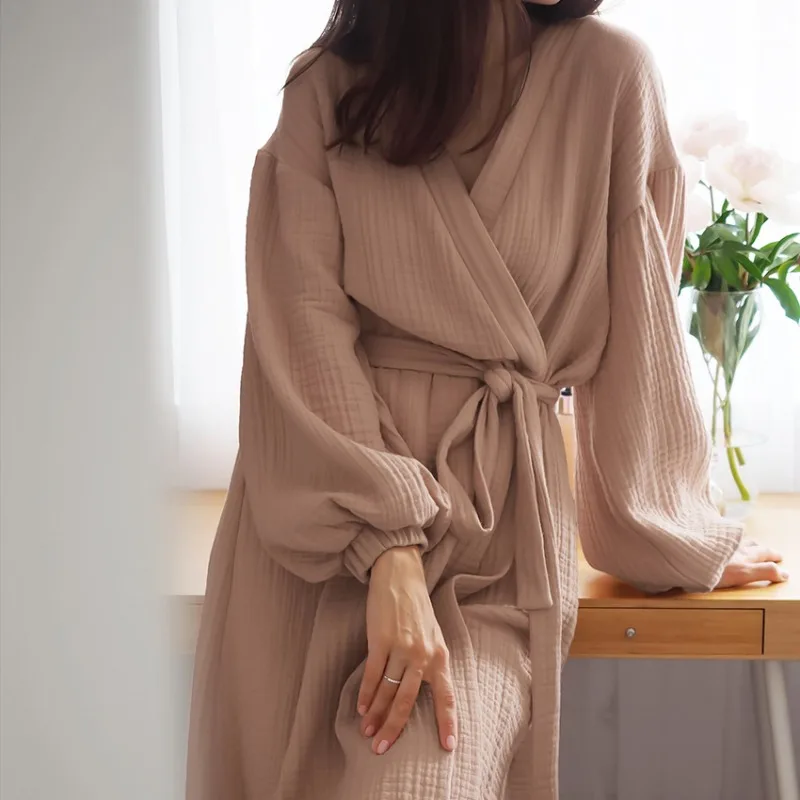 Spring New American Pajamas Double-layer Wrinkled Yarn Comfortable Skin-friendly Bathrobes Casual Long Pajamas Loungewear Women'