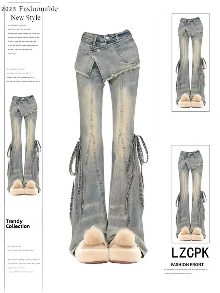 Retro American Waed Denim Jeans High Waist Slimming Long Pants Women's Autumn New Sle  Hoof Micro Flared Floor-Length