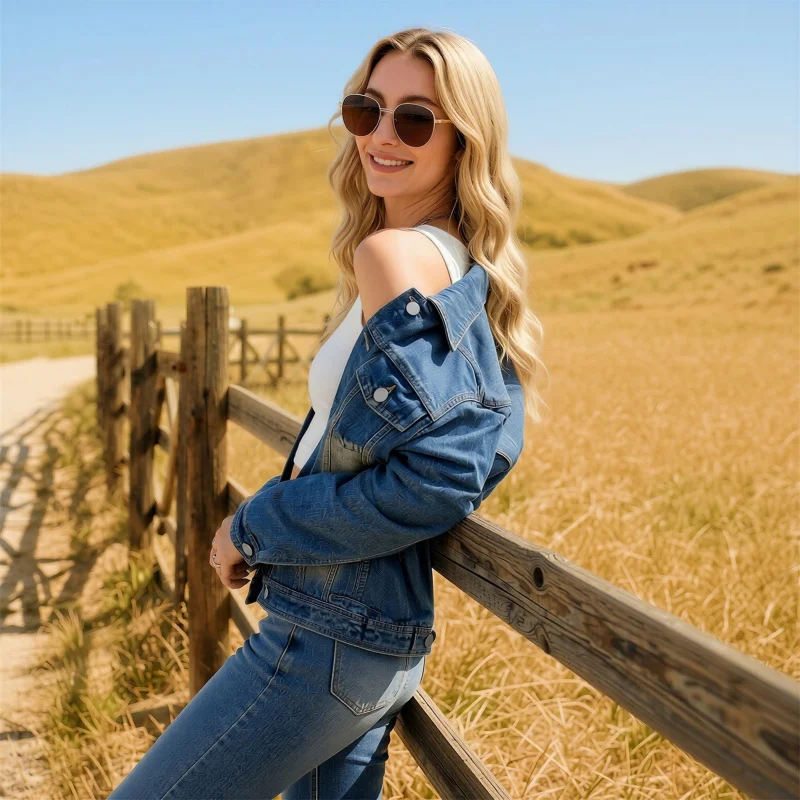 Loose Shoulder Denim Jacket Autumn Collar Long Sleeved Metal Breasted Contrasting Colors Patchwork Design for Women
