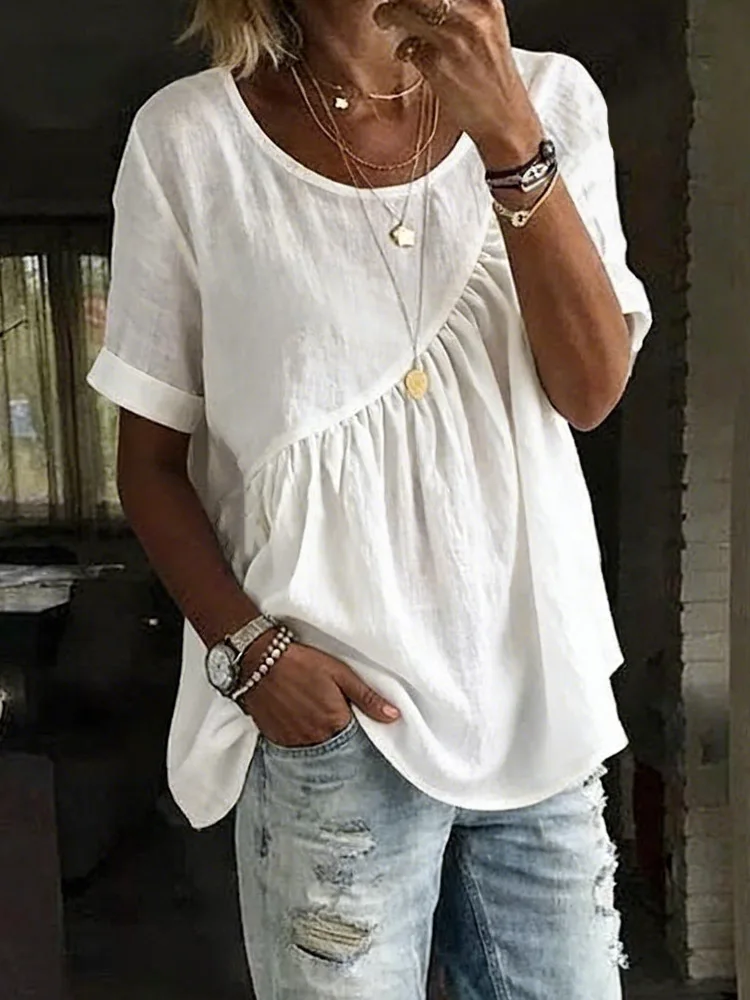 

Summer Casual Simple Style Women's Top Fashion Round Neck Splicing Design Loose Solid Color Shirt Ladies Basic Versatile Blouses