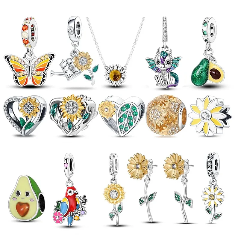 

(star) plata charms of ley 925 Sterling Silver Avocado Charm Sunflower Beads for Original 3mm Bracelet DIY Crafting Gifts Women