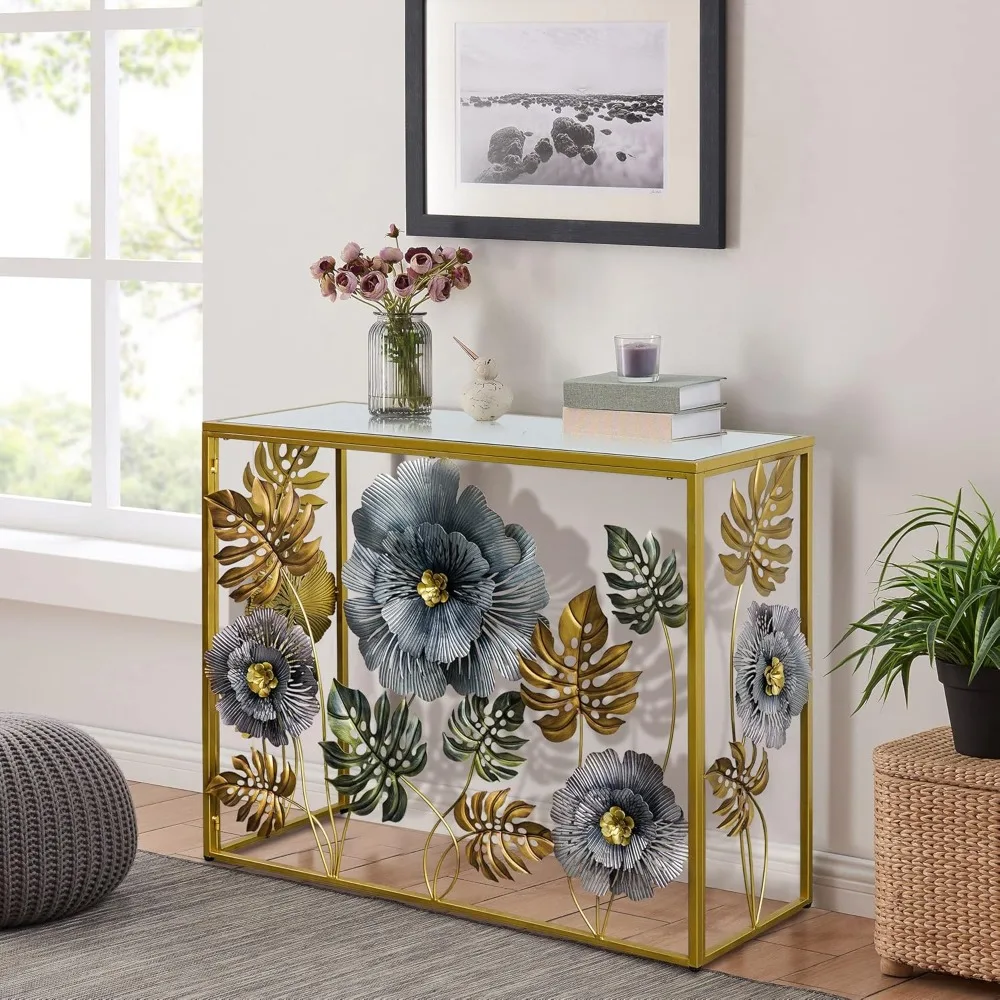Rustic Style Sofa Side Table with Metal Floral Accents, Slim Glass-Top Entry Console for Behind Sofa