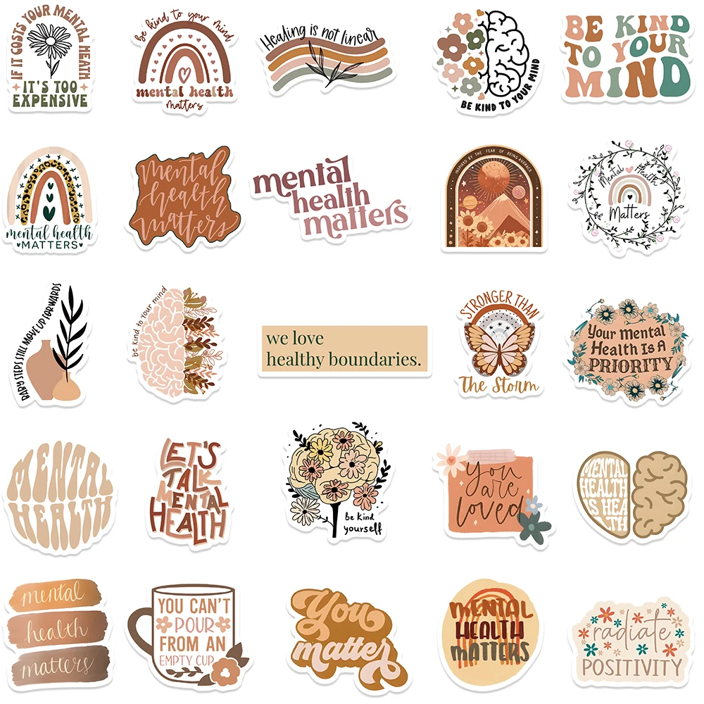 50PCS Vintage Art Bohemia Mental Healthy Stickers Boho Cartoon Decals for Guitar Phone Laptop Scrapbook Diary Stationery Sticker