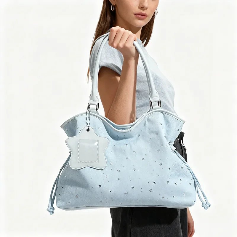 

Star Print Polka Dot Shoulder Bag Women's Large Capacity Tote Bag Fashion Y2k Hot Girl Bag Simple Letter Embroidery Blue Handbag