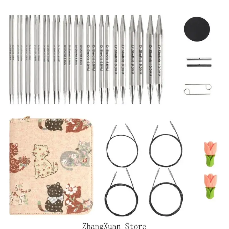 Abnehmbares Rundstricknadel-Set aus Metall mit 4 Kabeln und Reißverschlusstasche 3XUF – Detail 2