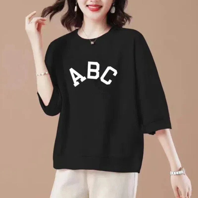 Crew Neck Printing Three Quarter Women's Clothing Pullover Letter Casual Spring Summer Office Lady T-shirt Fashion Hoodies Tops