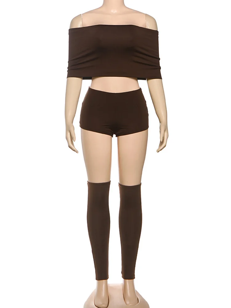 Nibber Sexy 3-Piece Set Women Slash Neck Crop Tops+Basis Shorts+Leg Sleeve Street Wild Hottie Fashion Midnight Simple Clothing