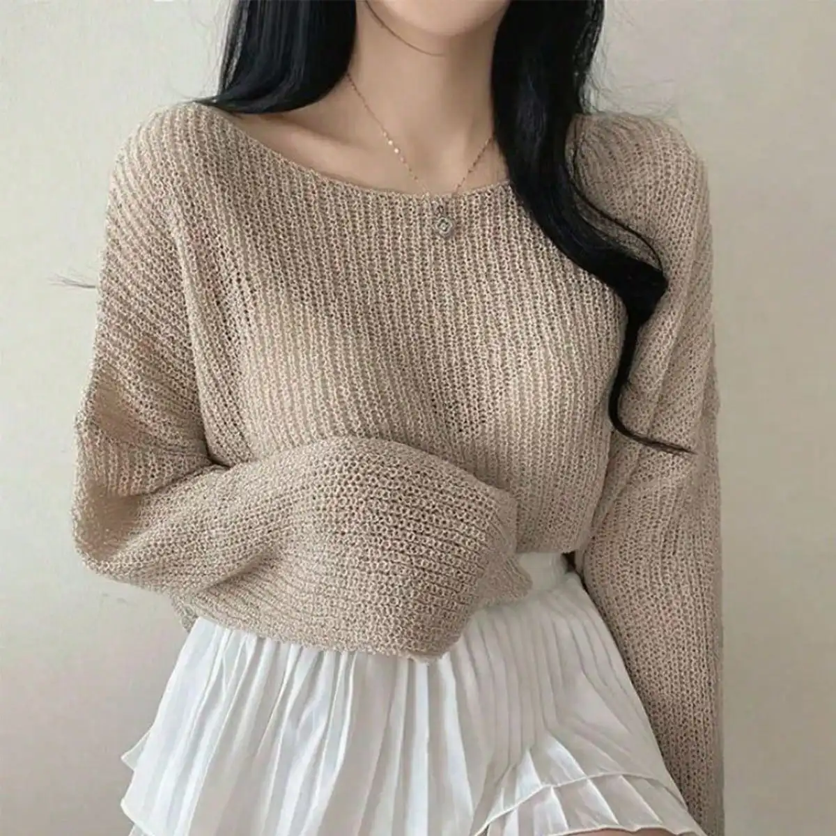 French Cut Out Slanted Shoulder Long-Sleeved Women's 2024 New Spring and Autum Korean Style Early Autum Tops for Small People