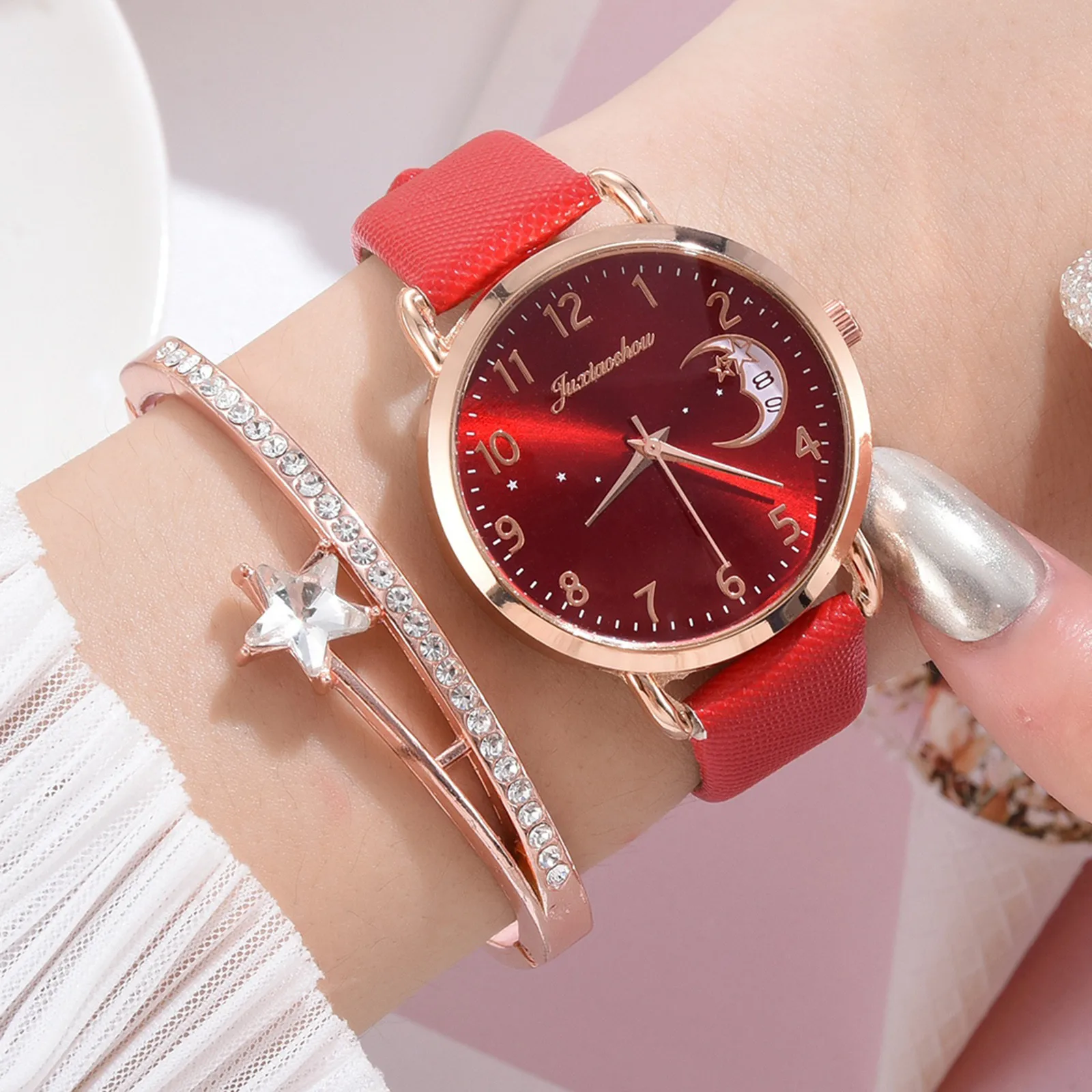 Relojes de pulsera para mujer, conjunto de reloj de pulsera de cuero, reloj de cuarzo analógico, regalos para mujer
