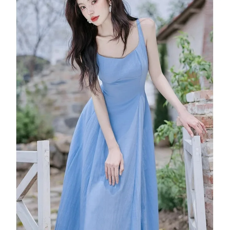 여름 도파인 세트 비치 바캉스 레트로 스트랩 드 하이웨이스트 폴리에스터 섬유 A라인 미디 드 아름다운 투피스 수트