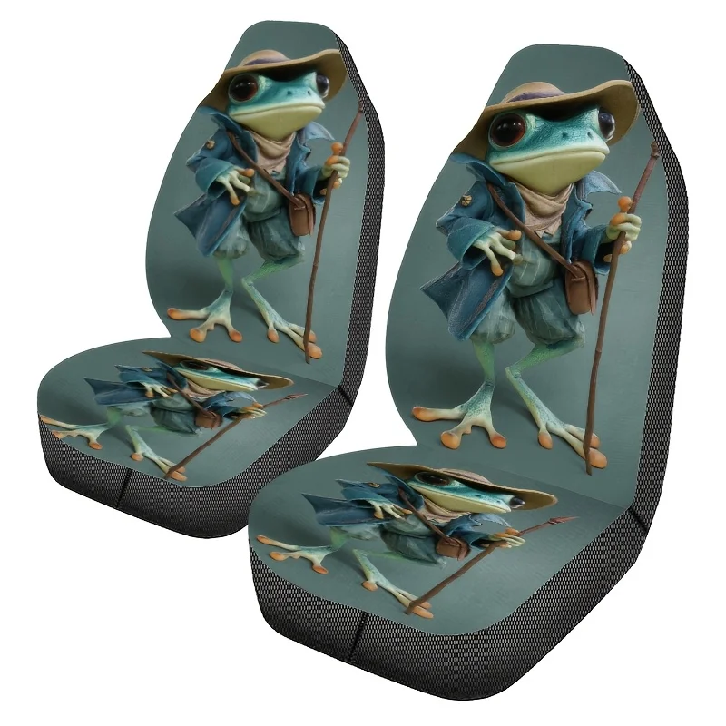 Two-Piece Adventure Frog Print Car Seat Covers That Are Easy To Clean, Featuring Stylish And Fun Designs Suitable For All Season