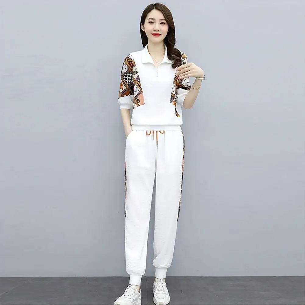 Women Sports Suit Stylish Women's Tracksuit Set Printed Sweatshirt Pants with Drawstring Plus Size Long Sleeve Zipper Closure