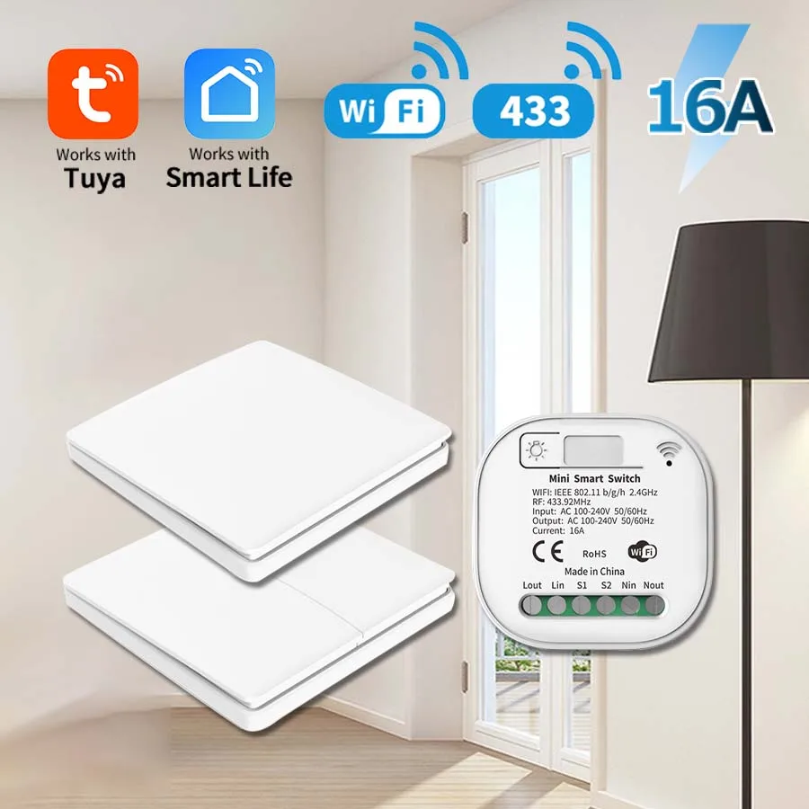 

Tuya WiFi Smart Switch RF433MHz 16A Self Powered No Battery Needed Wireless Wall Switches Voice Control For Alexa Google Home