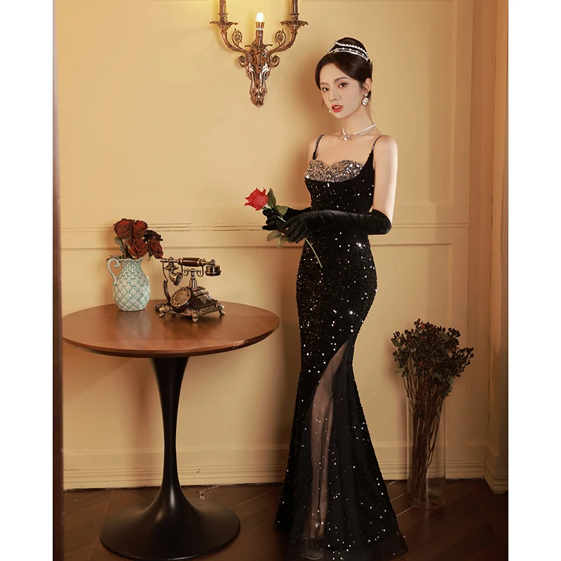 

L&P DQL Studio Черные вечерние платья Иллюзия Прозрачная боковая милая Спагетти-молния сзади Блестящие блестки Вечернее платье Русалка