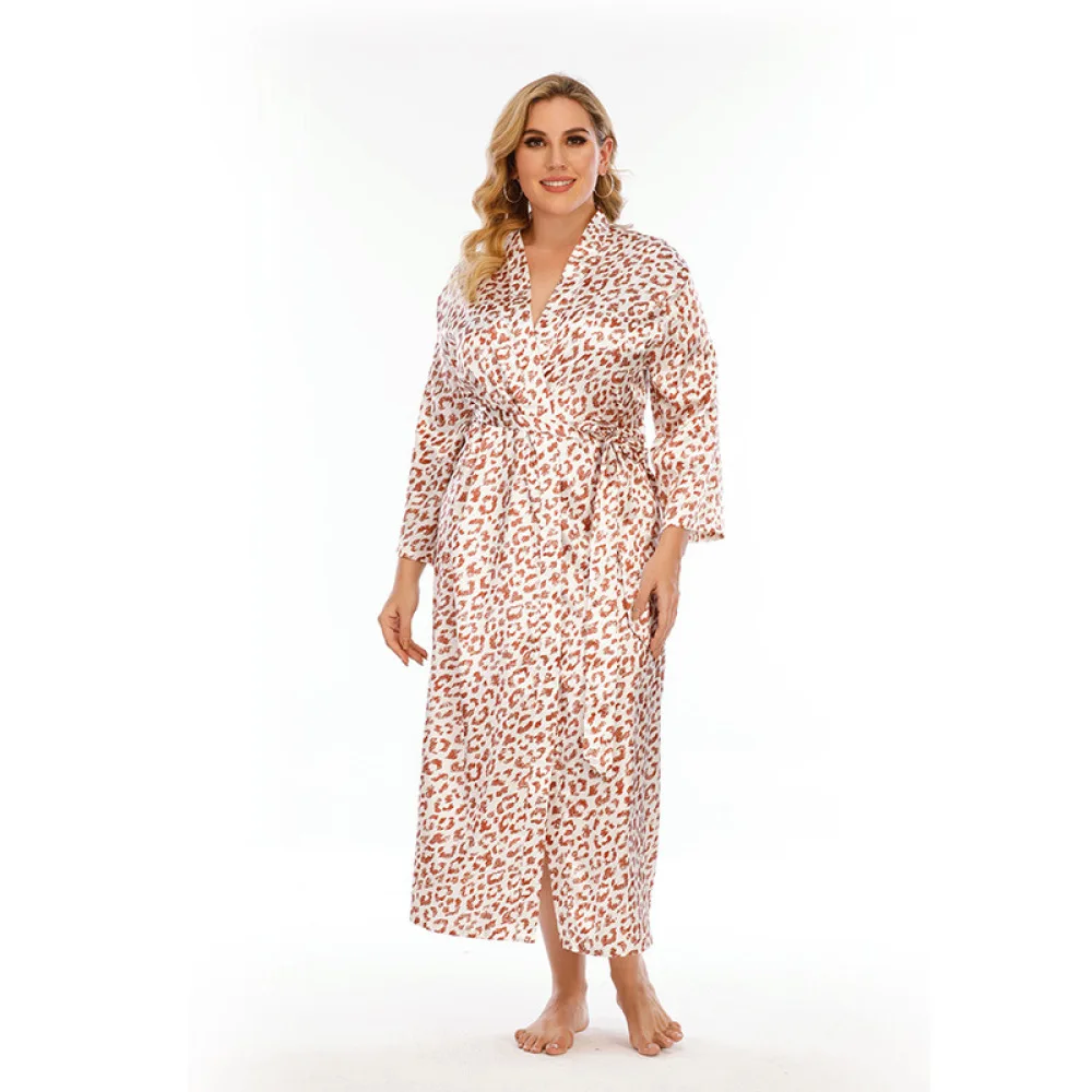 

Plus-Size Robe Nightwear Sleepwear Chemises Leopard Prin Nightgown Dress Elegant Nightdress Women New Silk Lingerie Belt Bath