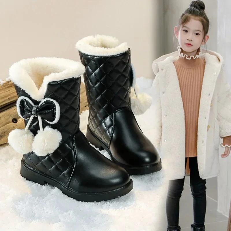 

Girls Warm Boots with Bow 2025 Winter New Kids Snow Boots with Fur Plush Fashion Children Princess Boots Waterproof Platform