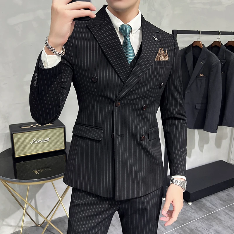 ( Blazer+Vest+Pants ) Groom Wedding Male Suit Luxury Brand Fashion Striped Men\'s Casual Business Office Double Breasted Suit