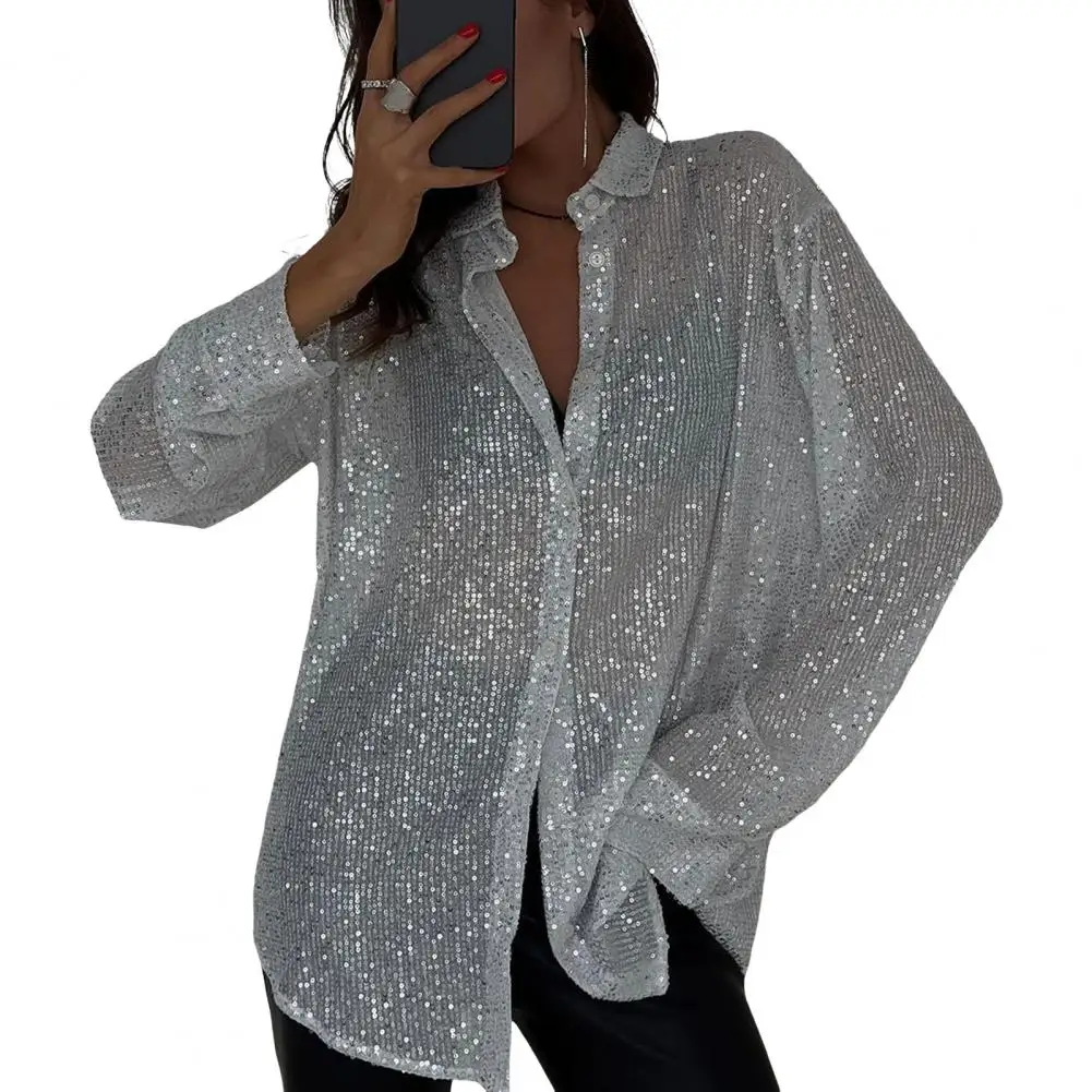 Sequin Turndown Collar Women\'s Shirt Casual Glitter Loose Long Sleeve 2024 Spring Silver Summer Vintage Shirt