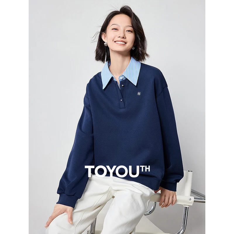 TOYOUTH Women Hoodies 2024 Autumn New Splicing Patchork Fake Two Pieces Turn Down Collar Pullover Sweatshirt Tops