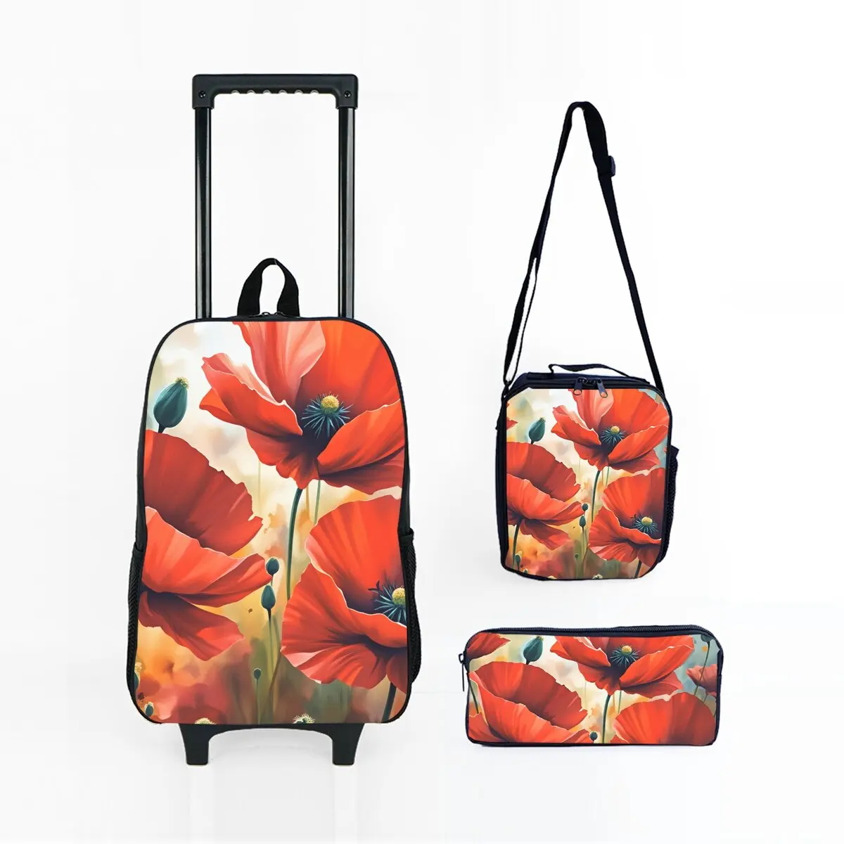 

Набор школьных сумок на колесиках с принтом красных цветов: рюкзак-тележка, сумка для обеда и пенал для девочек/мальчиков