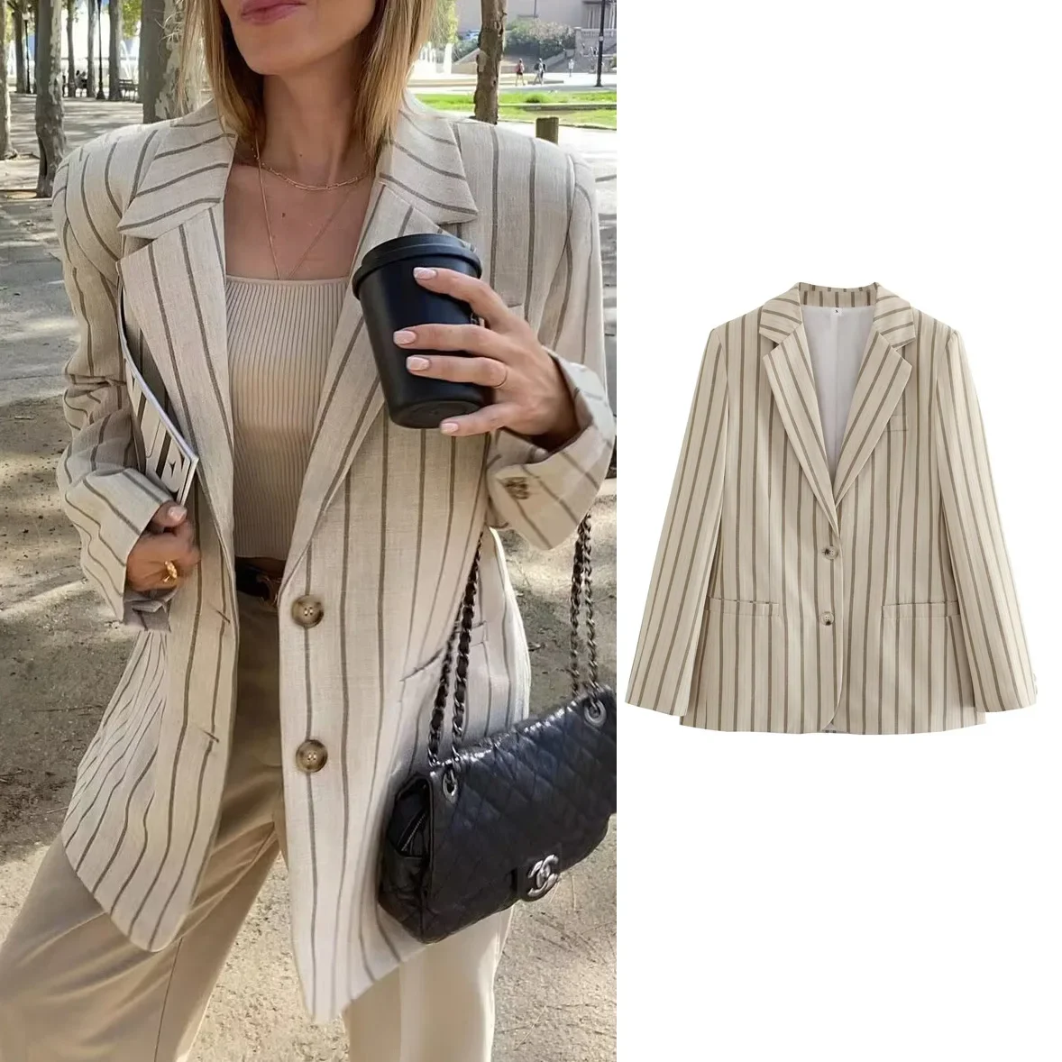 Women New Fashion Vintage Striped Blazers Female Chic Single-Breasted Blazer Suits Lady Notched Collar Elegant Blazer