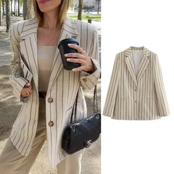 Blazers listrados vintage para mulheres, blazer de peito único, gola entalhada, roupas elegantes para senhora, moda feminina chique, nova