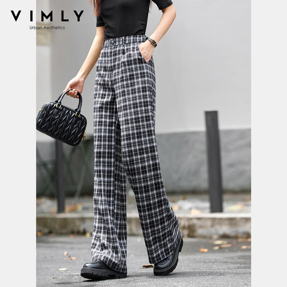 VIMLY Woman Plaid Trousers England Style Autumn 2025 New Baggy Button Female Pants Casual Pockets Long Pants Ropa De Mujer A2788