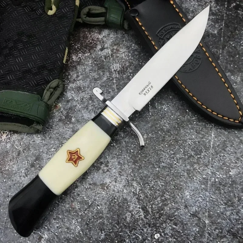 Russian Finka NKVD Fixed Blade Knife Outdoor EDC Camping Survival Hunting Knife Tactical Self Defense Leather Sheath