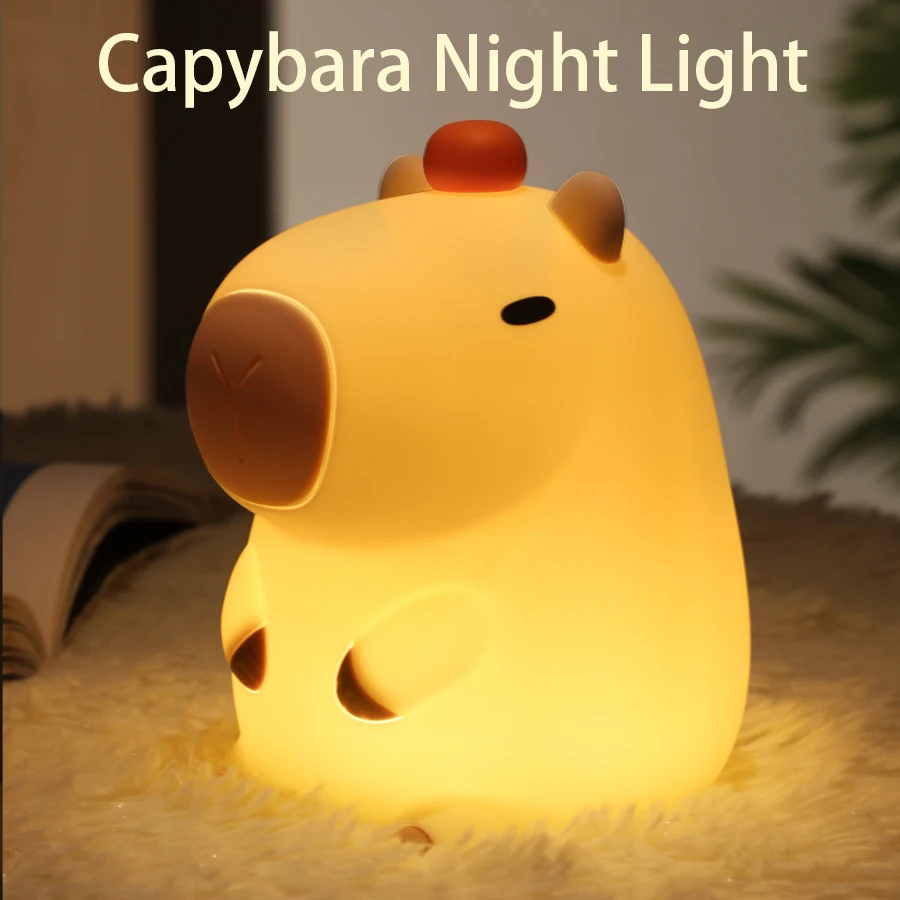 LED Night Lights Cute Capybara Silicone Lamp with Clock USB Rechargeable Timing Bedside Room Decor nightlight Kids Birthday Gift