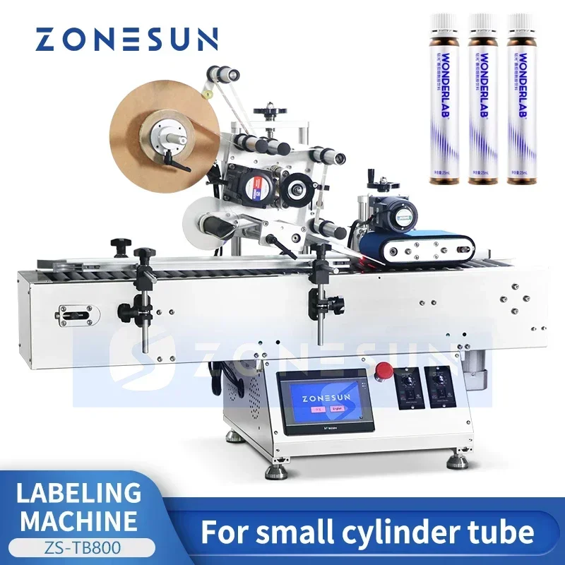 ZONESUN Automatic Round Vial Tube Labeling Machine Lip Balm Tabletop Label Applicator Horizontal Wrap Around Packaging ZS-TB800