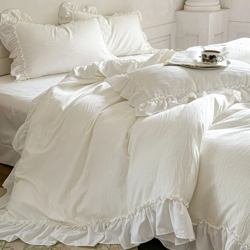 

Французский стиль принцессы, кружевной комплект свадебного постельного белья с оборками, мягкий пододеяльник из стираного хлопка, простыня/простынь, наволочки, 4 шт.